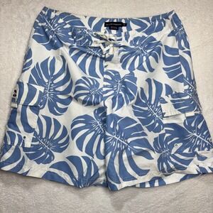 Island Company Men's Swim Trunks White Blue Flowers Size 34 Pockets